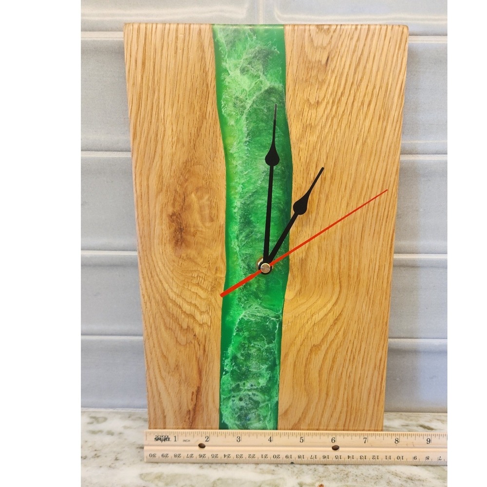 Wood and Green Epoxy Resin Wall Clock or Shelf Clock, Modern Home Decor